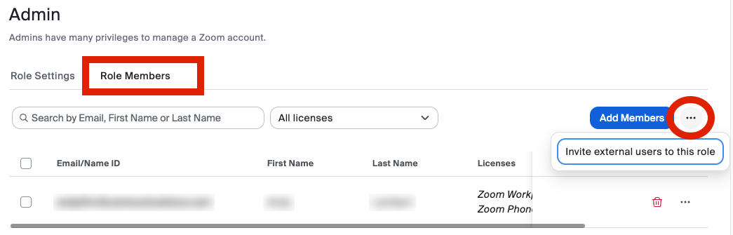 The Admin role page with the Role Members tab boxed in red and the more menu circled, showing the Invite external users to this role option