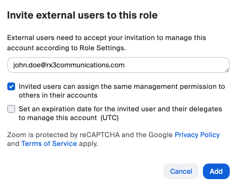 The Invite external users to this role dialog with an rx3communications.com address entered and the permission-sharing checkbox ticked